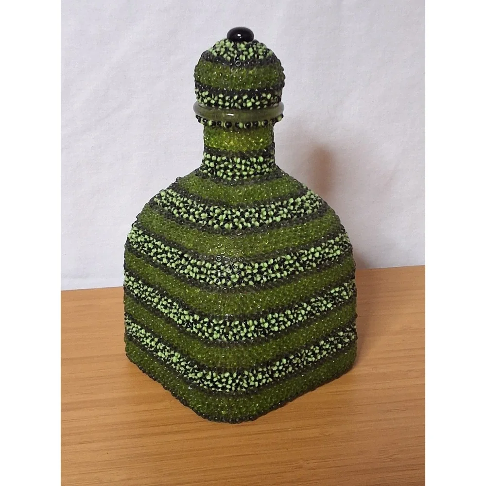 Custom Upcycled Beaded Patron Tequlila Bottle Decanter Green Boho Decor Art